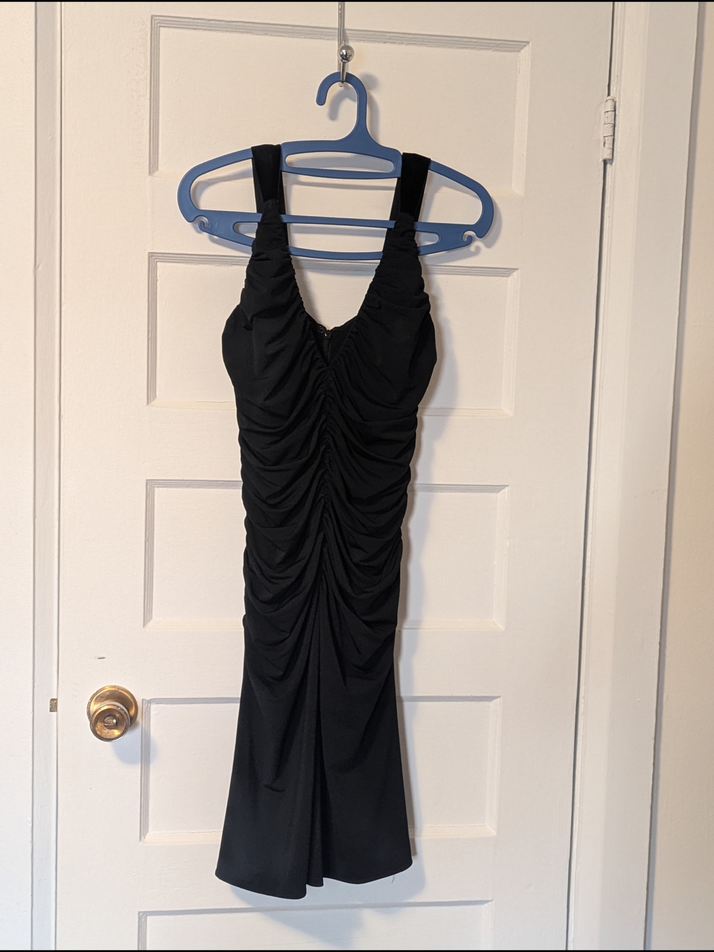 Vintage Vera Wang Black Ruched Tank Midi Dress With Velvet Straps.